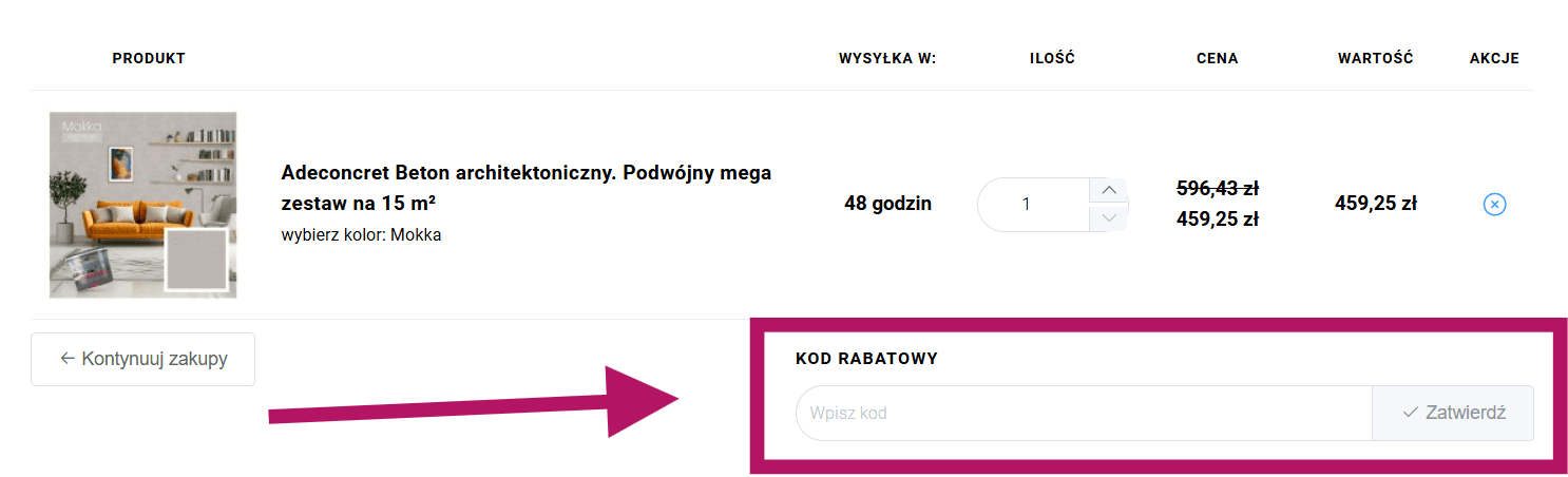 Zastosowanie kodu rabatowego w formularzu zamówienia w sklepie Adeco.shop