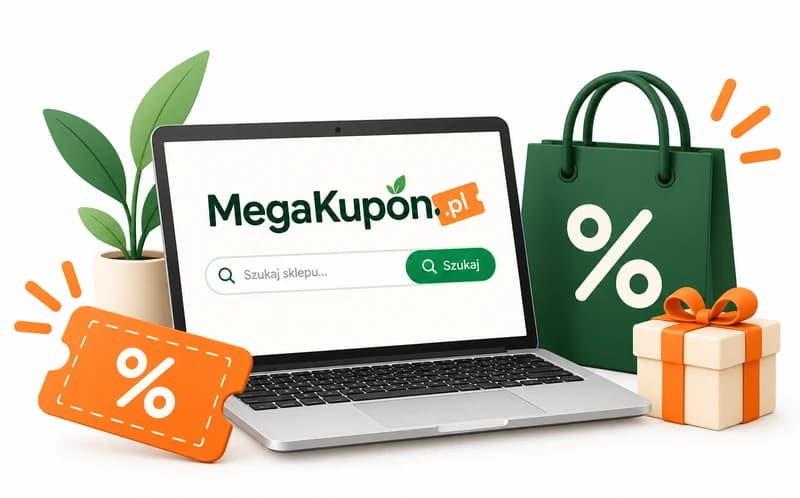Ilustracja: laptop z wyszukiwaniem sklepów na MegaKupon.pl, torba zakupowa, kupon i prezent