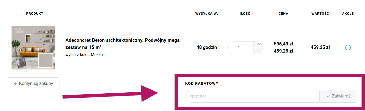 Zastosowanie kodu rabatowego w formularzu zamówienia w sklepie Adeco.shop