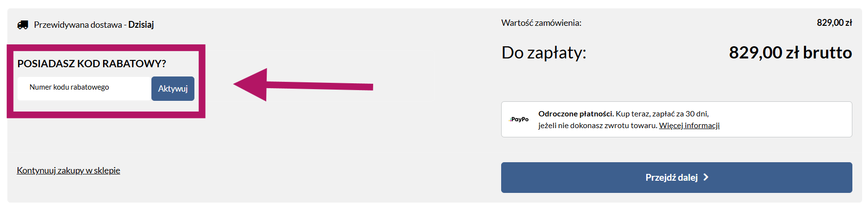 Wprowadzenie kodu rabatowego do formularza zamówienia w sklepie e-McKlein