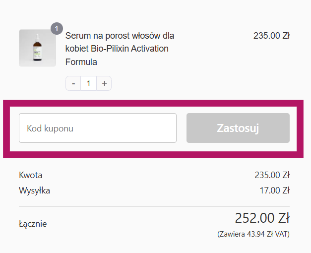 Zastosowanie kuponu rabatowego w Trycholabs.pl
