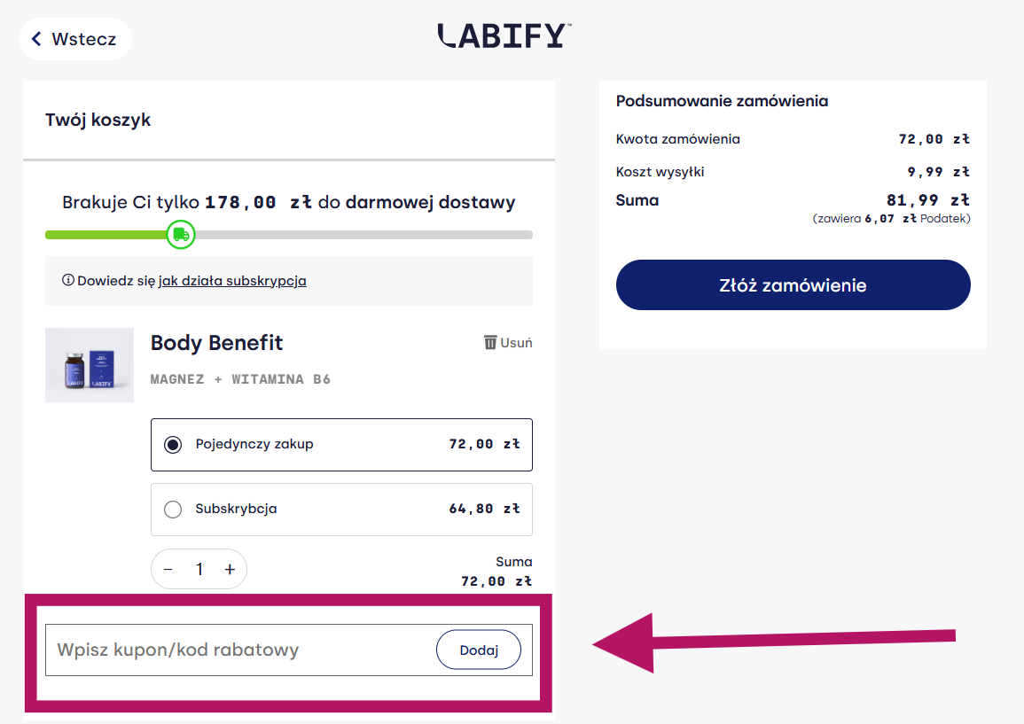 Zastosowanie kuponu rabatowego w Labify.pl