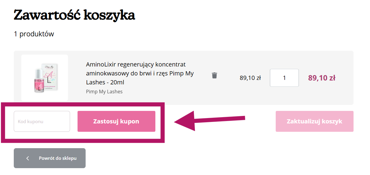 Użycie kuponu rabatowego w Pimp My Lashes