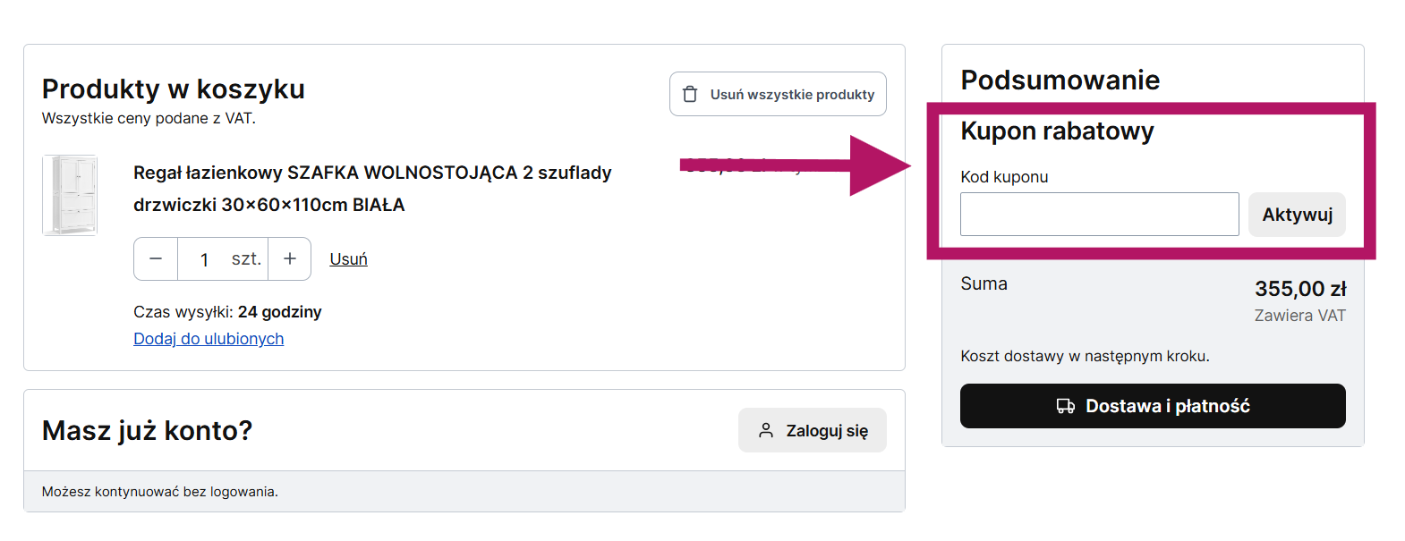 Zastosowanie kuponu rabatowego w Wygodnykacik.pl
